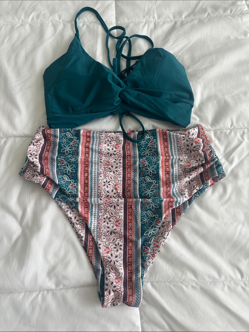 Teal Twist Front Bikini Top with Printed High-Waist Bottom
